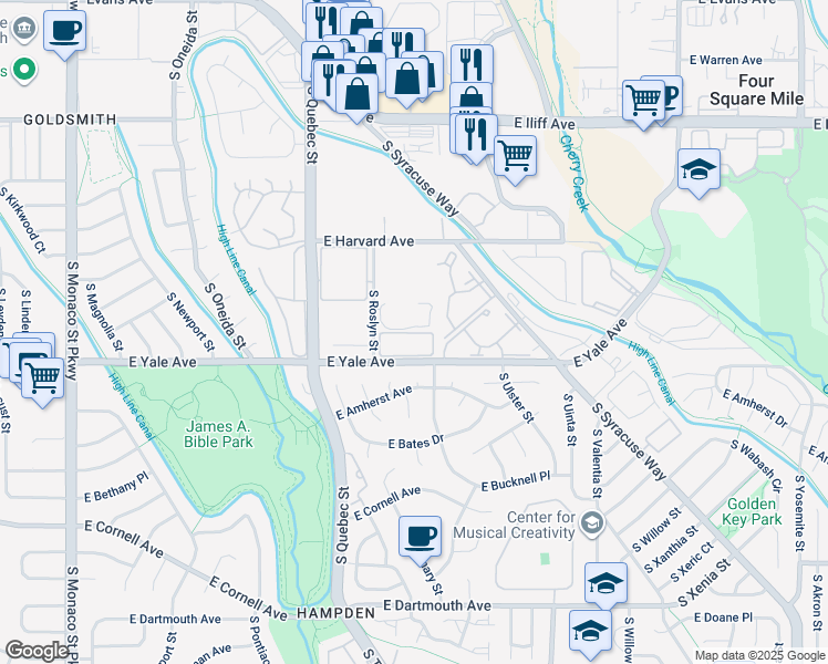 map of restaurants, bars, coffee shops, grocery stores, and more near 2500 South Roslyn Street in Denver