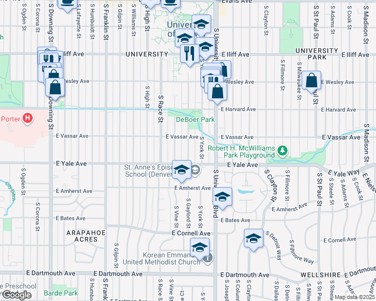 map of restaurants, bars, coffee shops, grocery stores, and more near 2618 South Vine Street in Denver
