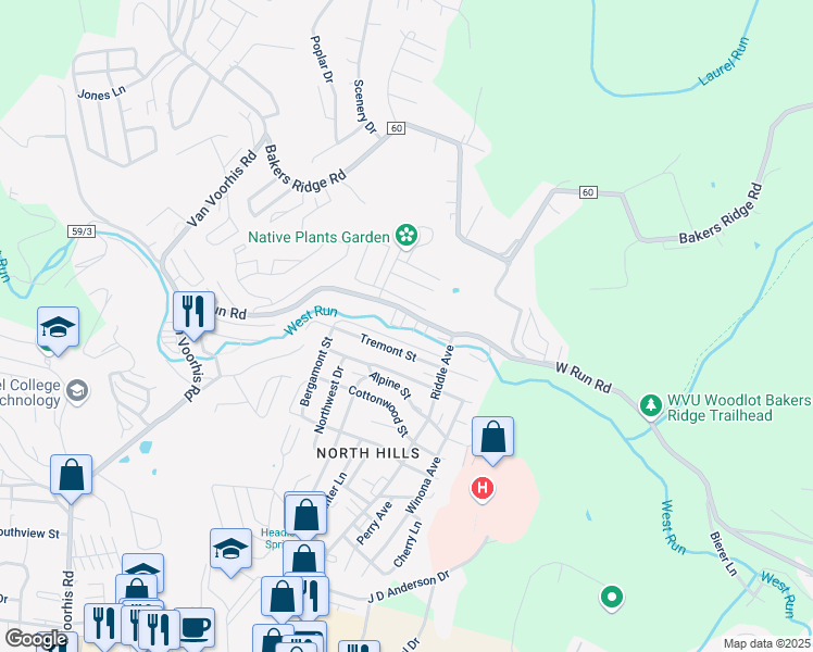 map of restaurants, bars, coffee shops, grocery stores, and more near 414 Creekside Drive in Morgantown