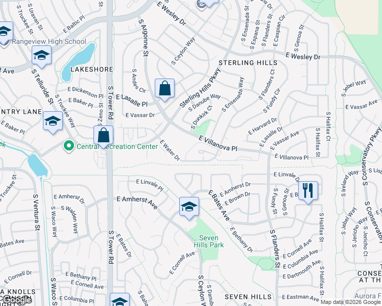map of restaurants, bars, coffee shops, grocery stores, and more near 2682 South Cathay Way in Aurora