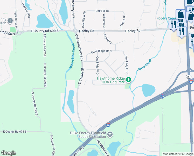 map of restaurants, bars, coffee shops, grocery stores, and more near 6402 Quail Ridge South in Plainfield