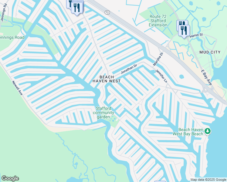 map of restaurants, bars, coffee shops, grocery stores, and more near 105 Harry Drive in Stafford Township