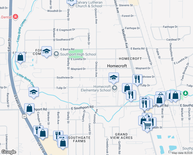 map of restaurants, bars, coffee shops, grocery stores, and more near Southview Drive in Indianapolis