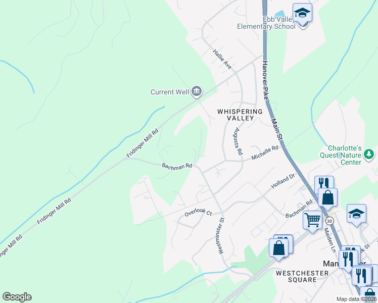 map of restaurants, bars, coffee shops, grocery stores, and more near 2712 Bachman Road in Manchester
