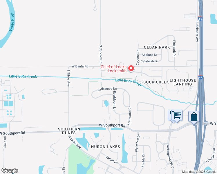 map of restaurants, bars, coffee shops, grocery stores, and more near 3008 Earlswood Lane in Indianapolis