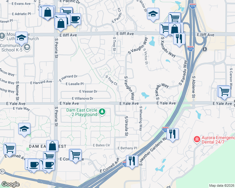 map of restaurants, bars, coffee shops, grocery stores, and more near 2607 South Troy Court in Aurora