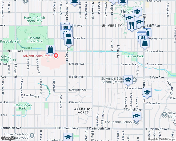 map of restaurants, bars, coffee shops, grocery stores, and more near 2625 South Humboldt Street in Denver