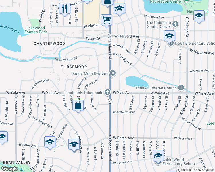 map of restaurants, bars, coffee shops, grocery stores, and more near 2595 South Sheridan Boulevard in Lakewood