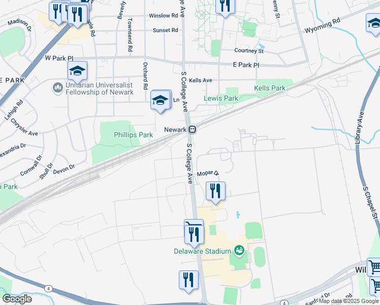 map of restaurants, bars, coffee shops, grocery stores, and more near 521 South College Avenue in Newark