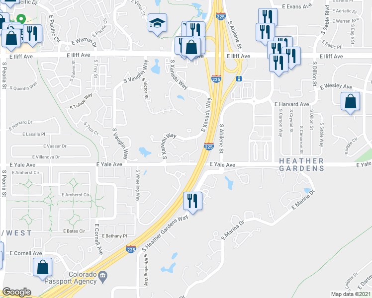 map of restaurants, bars, coffee shops, grocery stores, and more near 2640 South Xanadu Way in Aurora
