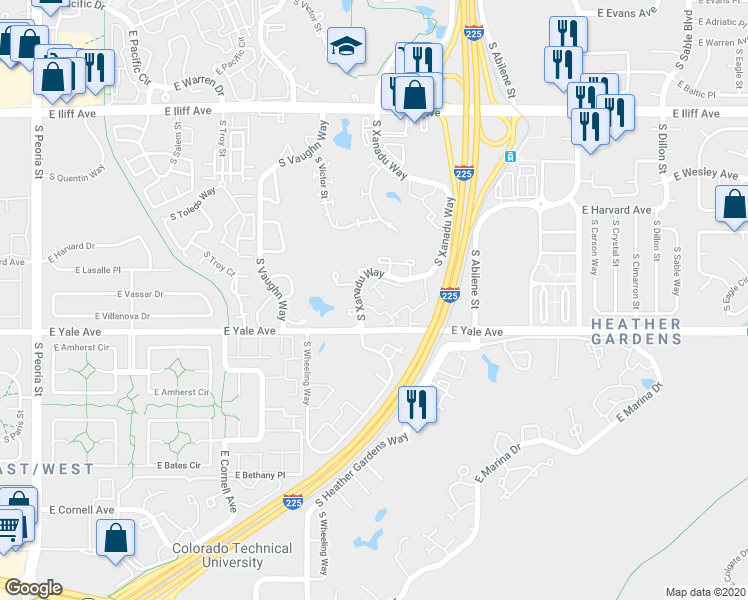 map of restaurants, bars, coffee shops, grocery stores, and more near 2672 South Xanadu Way in Aurora