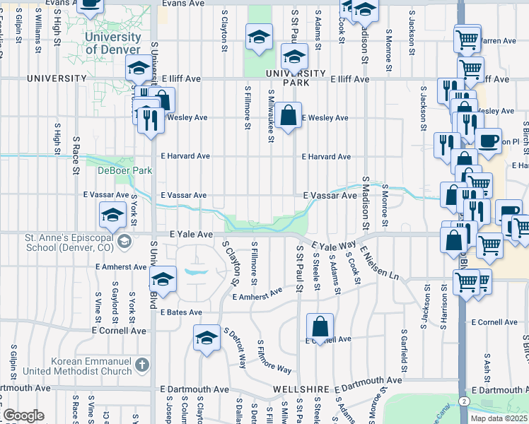 map of restaurants, bars, coffee shops, grocery stores, and more near 2616 South Milwaukee Street in Denver