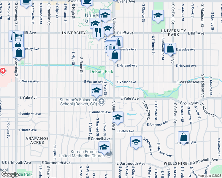 map of restaurants, bars, coffee shops, grocery stores, and more near 2601 South University Boulevard in Denver