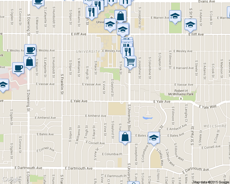 map of restaurants, bars, coffee shops, grocery stores, and more near 2621 South York Street in Denver