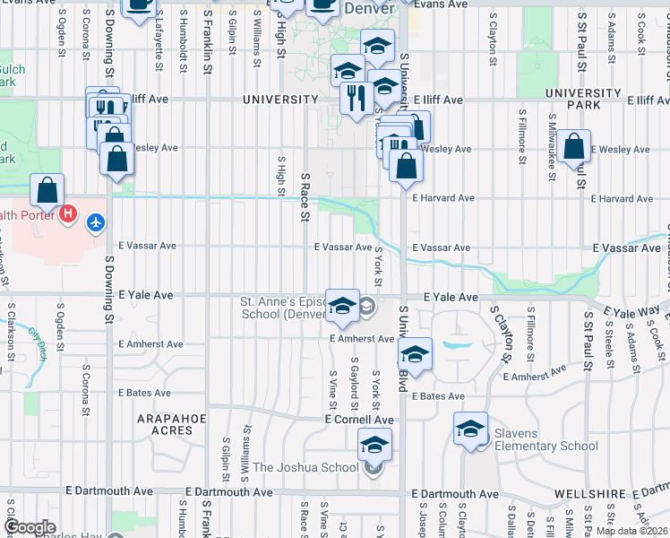 map of restaurants, bars, coffee shops, grocery stores, and more near 2618 South Vine Street in Denver