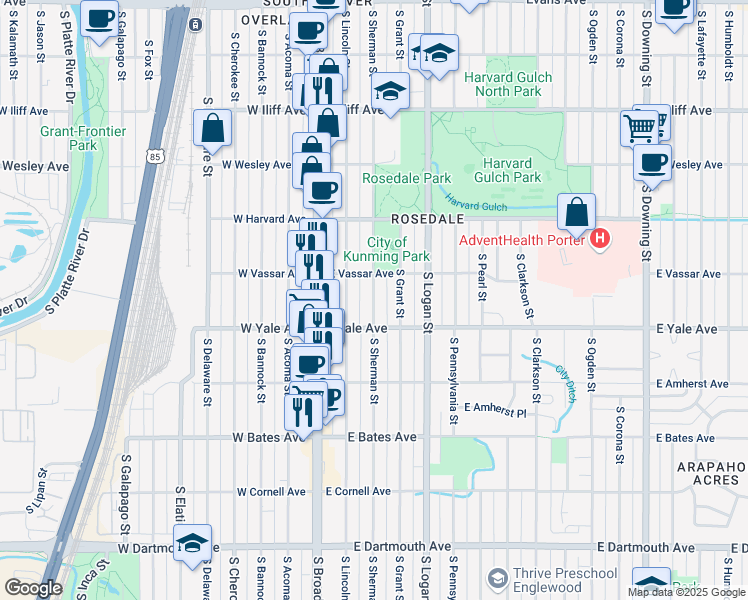 map of restaurants, bars, coffee shops, grocery stores, and more near 2626 South Sherman Street in Denver