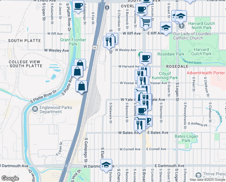 map of restaurants, bars, coffee shops, grocery stores, and more near 2624 South Delaware Street in Denver
