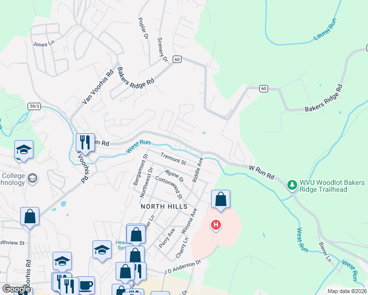 map of restaurants, bars, coffee shops, grocery stores, and more near 414 Creekside Drive in Morgantown