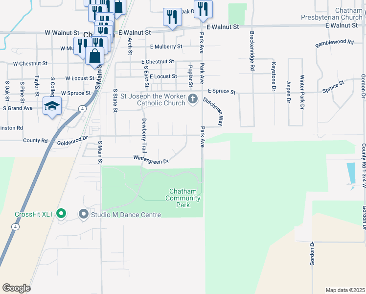 map of restaurants, bars, coffee shops, grocery stores, and more near 619 Wintergreen Drive in Chatham