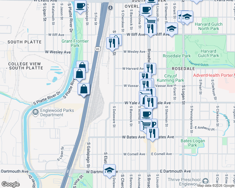 map of restaurants, bars, coffee shops, grocery stores, and more near 2624 South Delaware Street in Denver