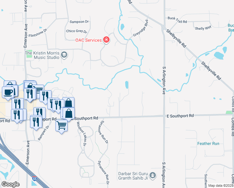 map of restaurants, bars, coffee shops, grocery stores, and more near 5644 East Southport Road in Indianapolis