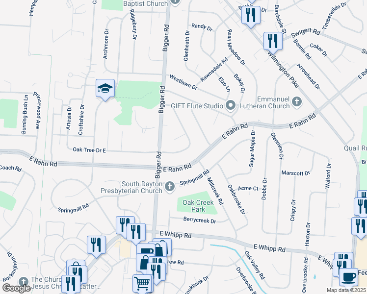 map of restaurants, bars, coffee shops, grocery stores, and more near 2168 Broadbent Way in Dayton