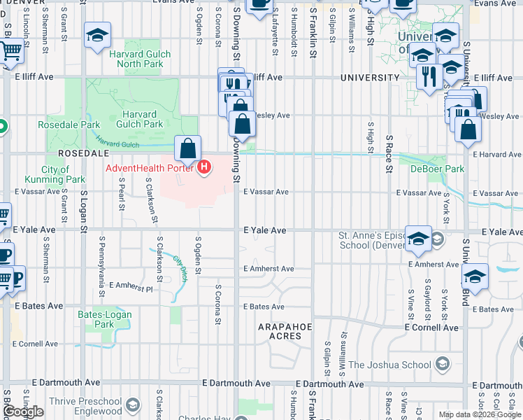 map of restaurants, bars, coffee shops, grocery stores, and more near 2615 South Lafayette Street in Denver