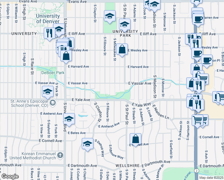 map of restaurants, bars, coffee shops, grocery stores, and more near 2616 South Milwaukee Street in Denver