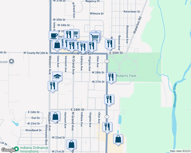 map of restaurants, bars, coffee shops, grocery stores, and more near 201 West 28th Street in Connersville