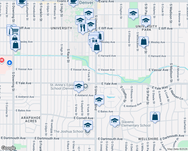 map of restaurants, bars, coffee shops, grocery stores, and more near 2601 South University Boulevard in Denver