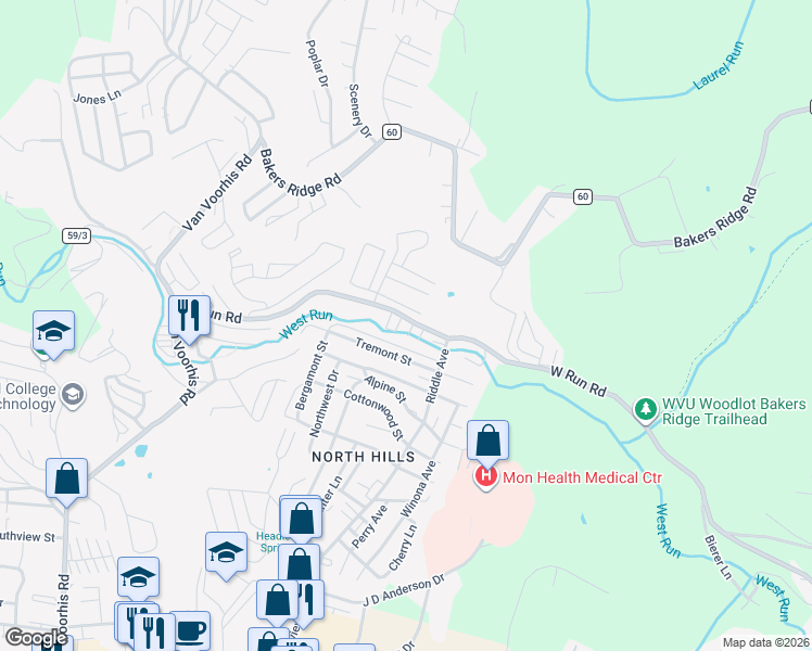 map of restaurants, bars, coffee shops, grocery stores, and more near 414 Creekside Drive in Morgantown