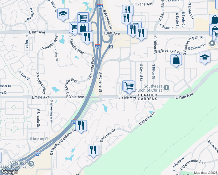 map of restaurants, bars, coffee shops, grocery stores, and more near 13801 East Yale Avenue in Aurora