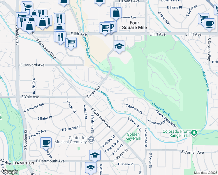 map of restaurants, bars, coffee shops, grocery stores, and more near 8400 East Yale Avenue in Denver