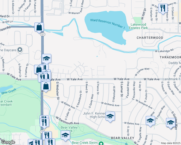 map of restaurants, bars, coffee shops, grocery stores, and more near 6969 West Yale Avenue Pvt Road in Denver