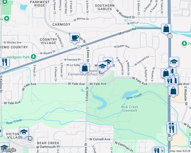 map of restaurants, bars, coffee shops, grocery stores, and more near 2557 South Dover Street in Lakewood