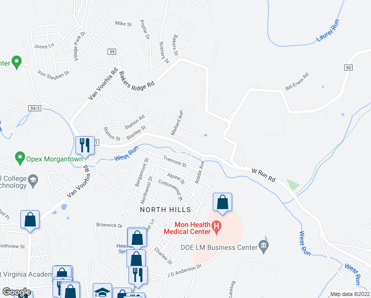 map of restaurants, bars, coffee shops, grocery stores, and more near 414 Creekside Drive in Morgantown