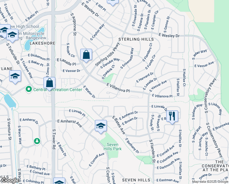 map of restaurants, bars, coffee shops, grocery stores, and more near 2672 South Cathay Way in Aurora