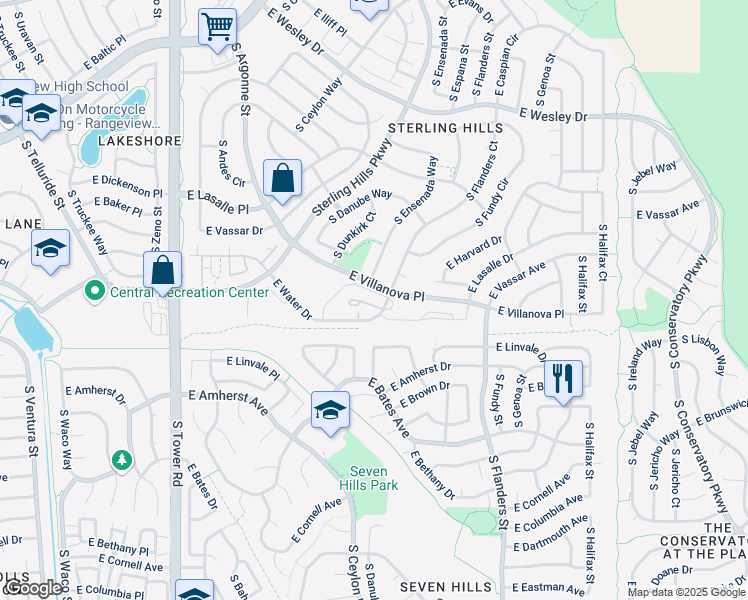 map of restaurants, bars, coffee shops, grocery stores, and more near 2672 South Cathay Way in Aurora