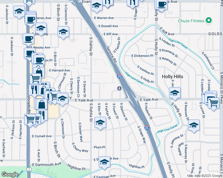 map of restaurants, bars, coffee shops, grocery stores, and more near in Denver