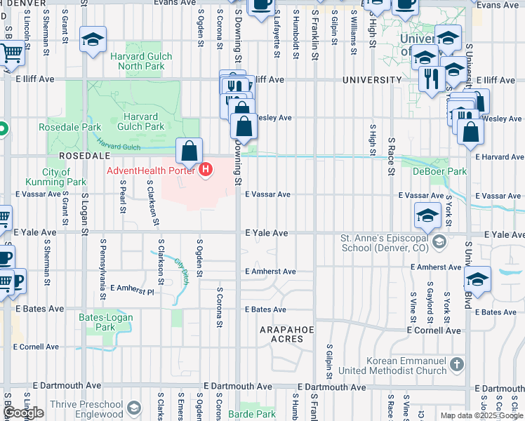 map of restaurants, bars, coffee shops, grocery stores, and more near 2615 South Lafayette Street in Denver