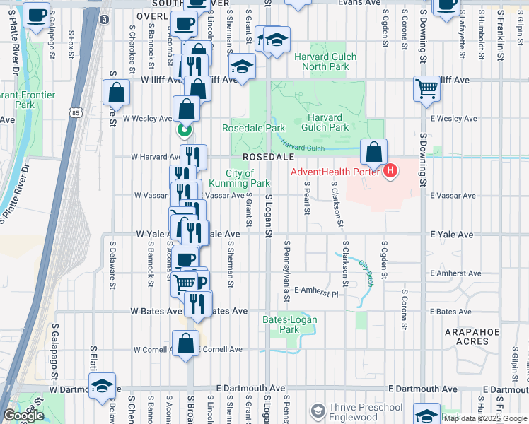 map of restaurants, bars, coffee shops, grocery stores, and more near 2618 South Grant Street in Denver