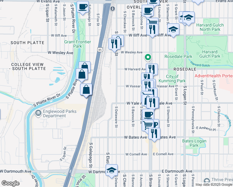 map of restaurants, bars, coffee shops, grocery stores, and more near 2624 South Delaware Street in Denver