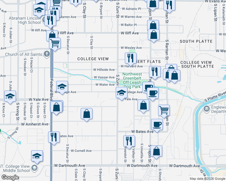 map of restaurants, bars, coffee shops, grocery stores, and more near 2443 West College Avenue in Denver