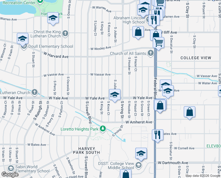 map of restaurants, bars, coffee shops, grocery stores, and more near 2640 South Knox Court in Denver