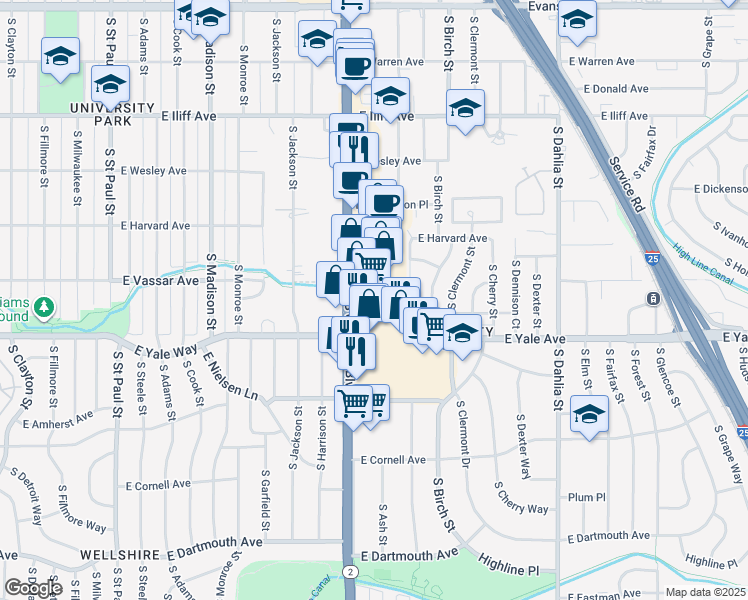 map of restaurants, bars, coffee shops, grocery stores, and more near 2640 Colorado 2 in Denver