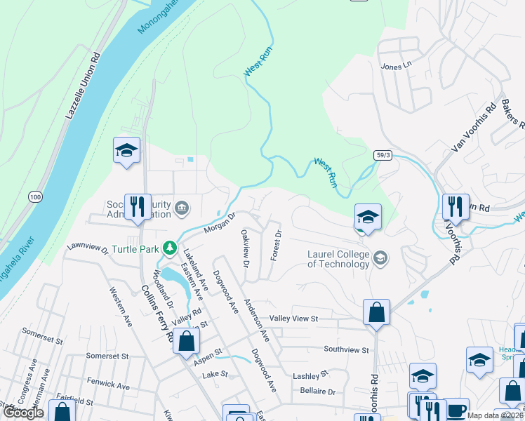 map of restaurants, bars, coffee shops, grocery stores, and more near 4007 Morningside Way in Morgantown