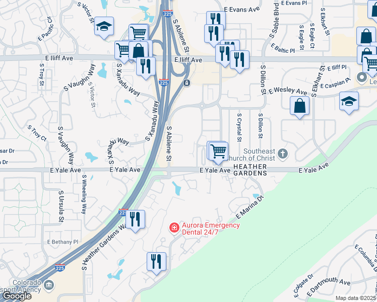 map of restaurants, bars, coffee shops, grocery stores, and more near 2628 South Abilene Street in Aurora