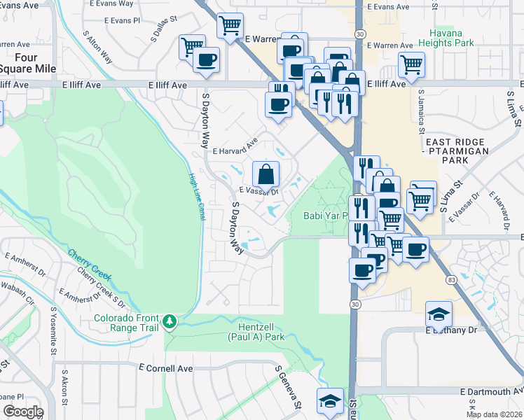 map of restaurants, bars, coffee shops, grocery stores, and more near 9888 East Vassar Drive in Denver