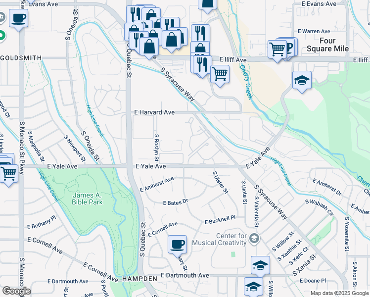 map of restaurants, bars, coffee shops, grocery stores, and more near 2575 South Syracuse Way in Denver