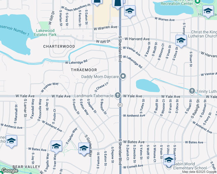 map of restaurants, bars, coffee shops, grocery stores, and more near 2630 South Chase Lane in Lakewood